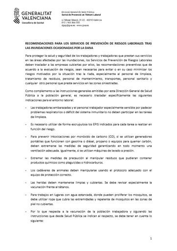 Recomendaciones tras las inundaciones por la Dana SPRL